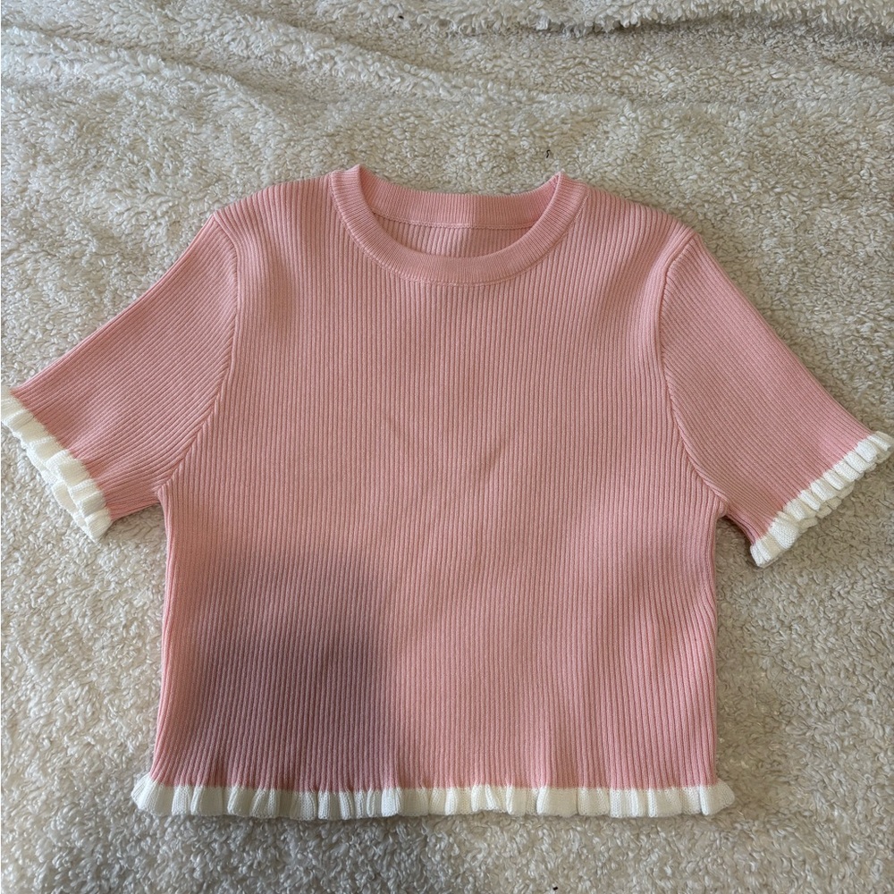 Pink Ribbed Top with White Trim